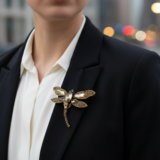 Broșă LIBELULĂ PINETS, culoare aurie, chihlimbar, zirconii