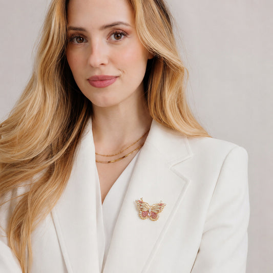 Broszka motyl złota różowa cyrkonie do marynarki elegancka