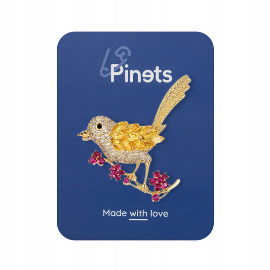 Pasăre pe o creangă cu flori - broșă placată cu aur de 14K