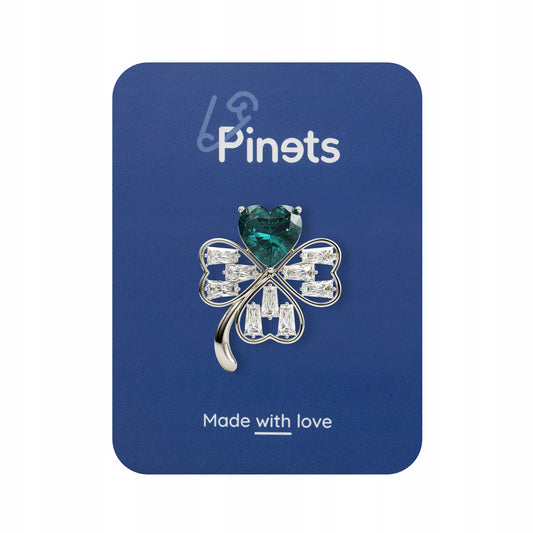 Trifoi argintiu cu inimă verde - broșă cu zirconiu cubic