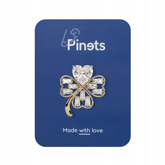 Trifoi de aur cu zirconii albe și o inimă - o broșă norocoasă