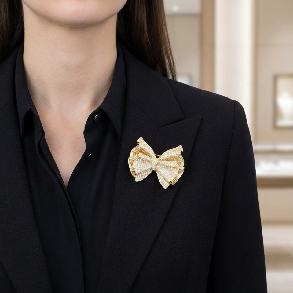 Broșă fenomenală BOW, elegantă, placată cu aur de 14K, cu zirconii cubice 