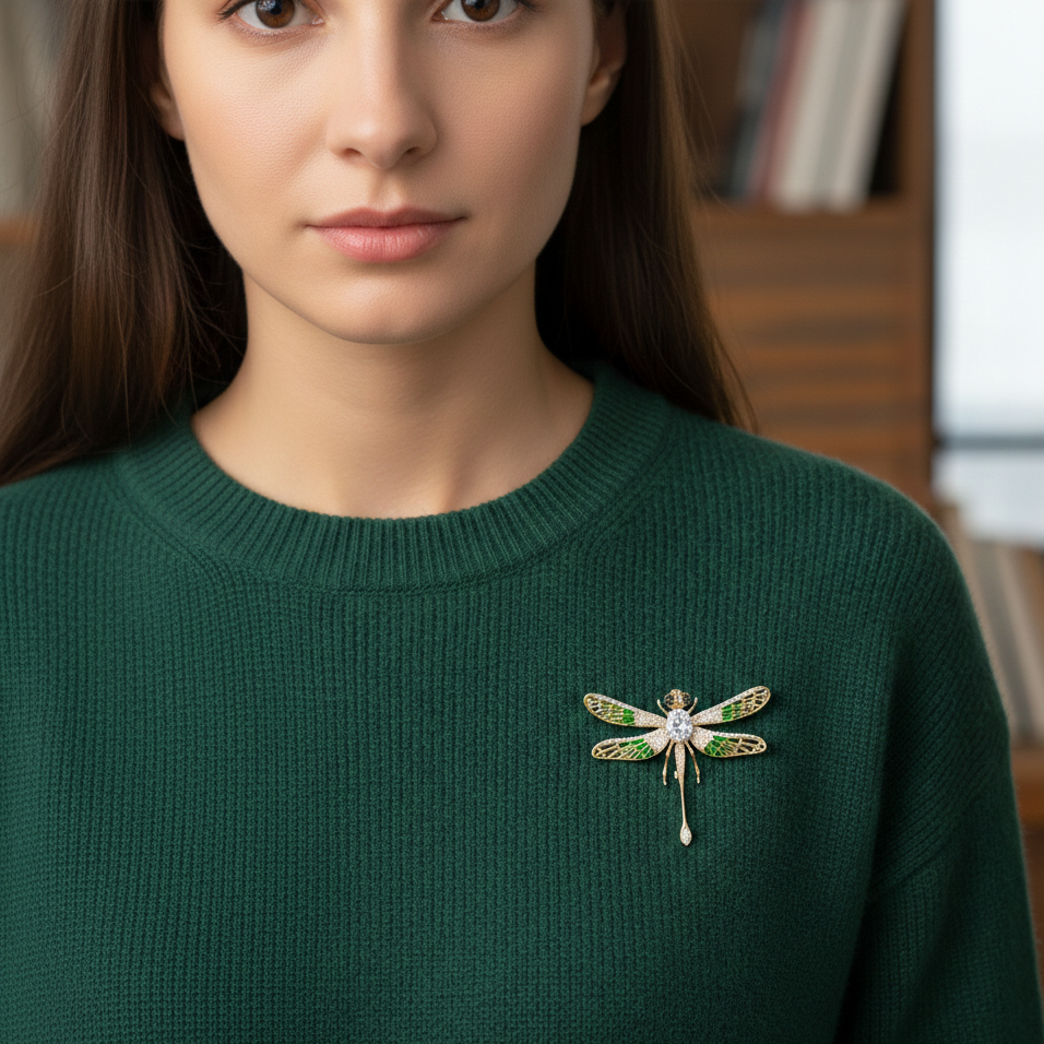 Libelulă verde cu zirconiu cubic - broșă placată cu aur de 14K