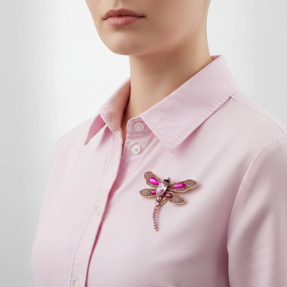 Broșă LIBELULĂ PINETS, culoare aurie, zirconii roz 