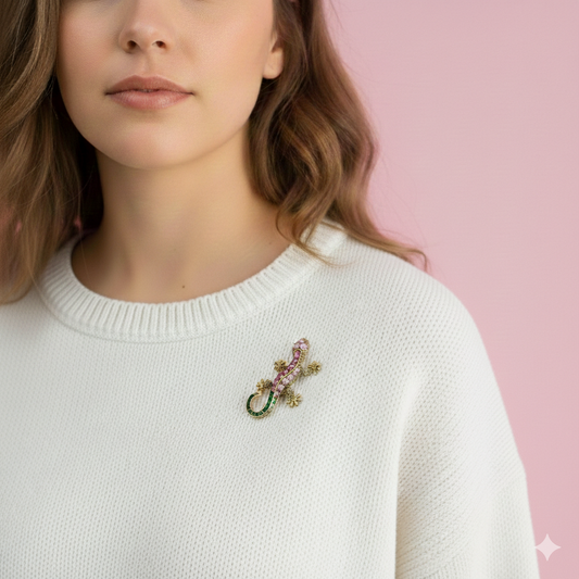Broșă Șopârlă Gecko cu Zirconii Roz și Verzi din Aur 