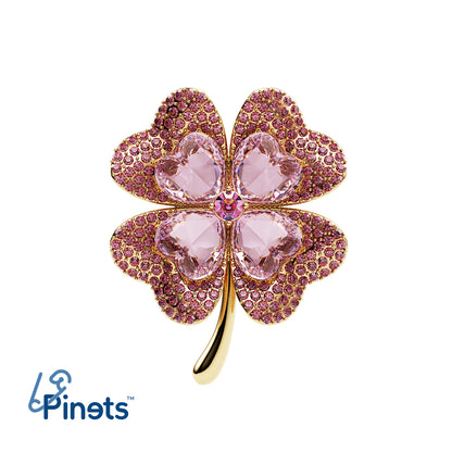 Trifoi roz cu patru foi și zirconii - broșă norocoasă