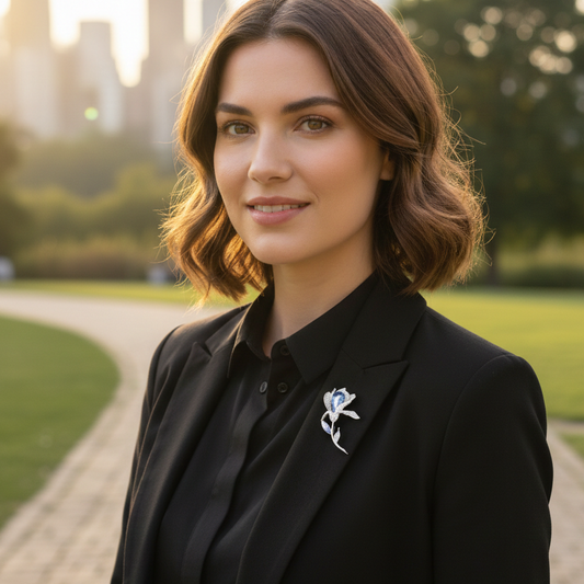 Broșă frumoasă din argint cu model FLOARE PINETS și zirconiu cubic albastru 