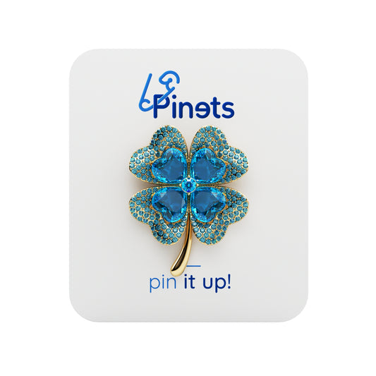 Trifoi albastru cu patru foi și zirconiu cubic - broșă norocoasă