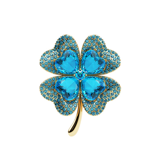 Trifoi albastru cu patru foi și zirconiu cubic - broșă norocoasă