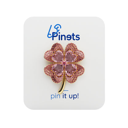 Trifoi roz cu patru foi și zirconii - broșă norocoasă