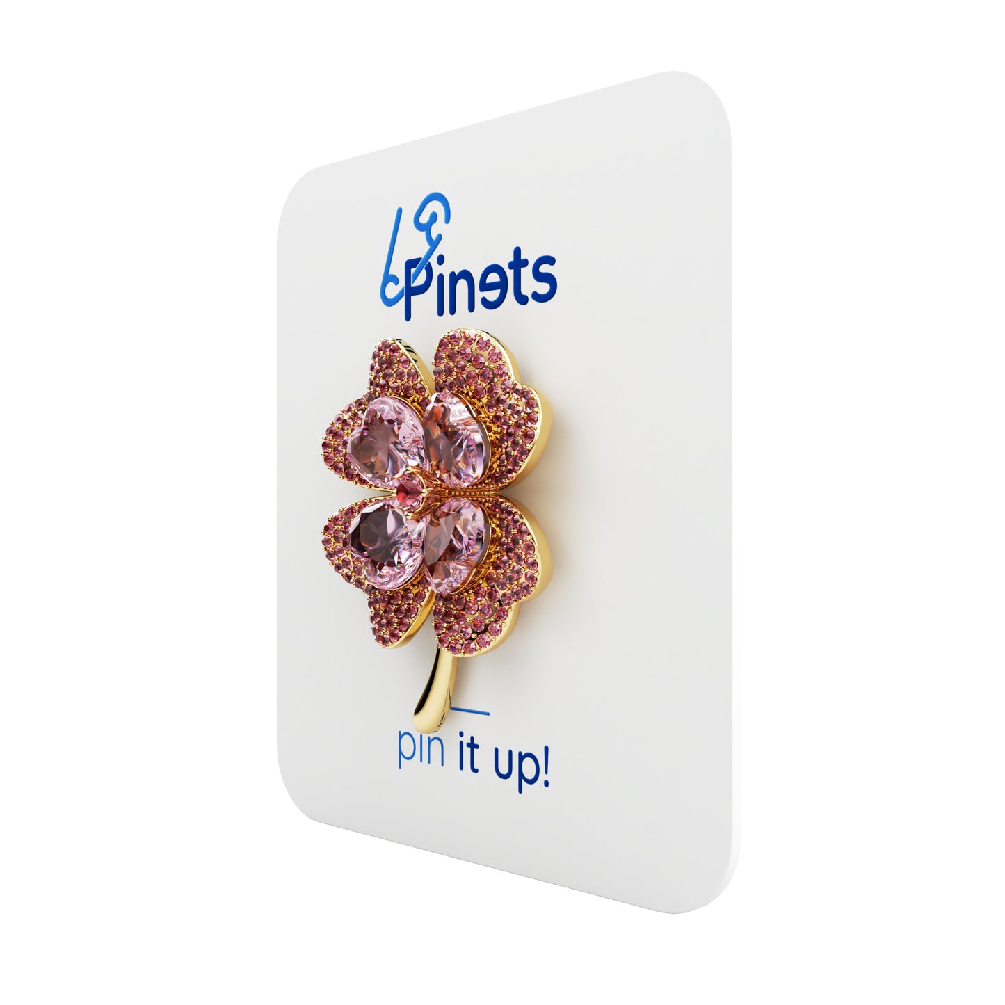 Trifoi roz cu patru foi și zirconii - broșă norocoasă