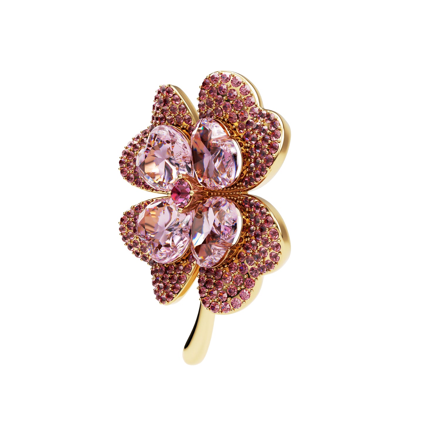 Trifoi roz cu patru foi și zirconii - broșă norocoasă
