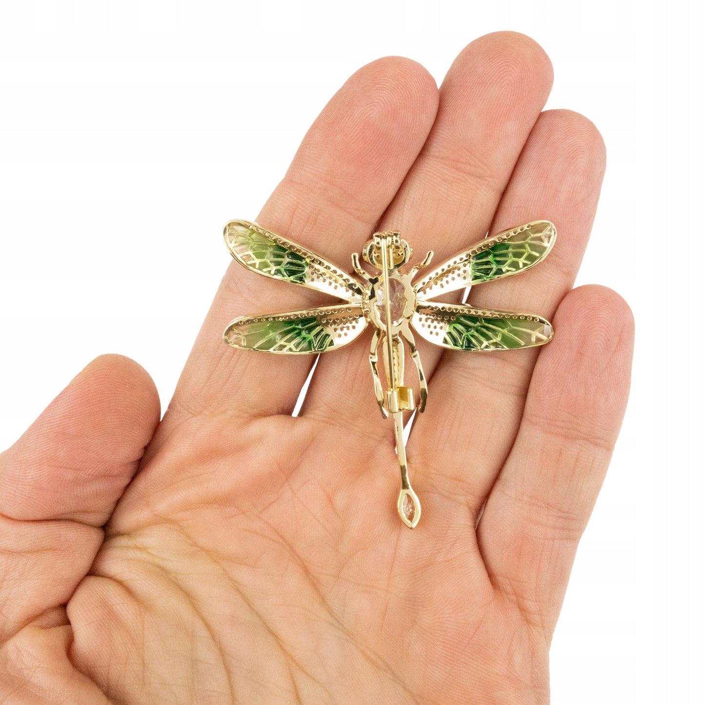 Libelulă verde cu zirconiu cubic - broșă placată cu aur de 14K