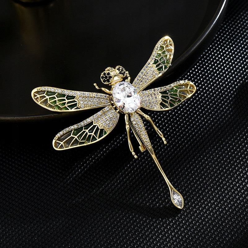 Libelulă verde cu zirconiu cubic - broșă placată cu aur de 14K