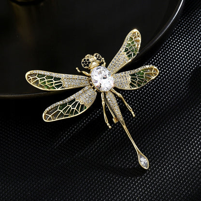 Libelulă verde cu zirconiu cubic - broșă placată cu aur de 14K