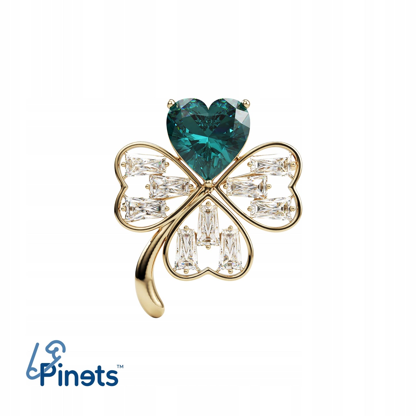 Trifoi auriu cu inimă verde - broșă cu zirconiu cubic