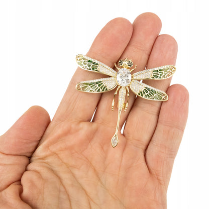 Libelulă verde cu zirconiu cubic - broșă placată cu aur de 14K