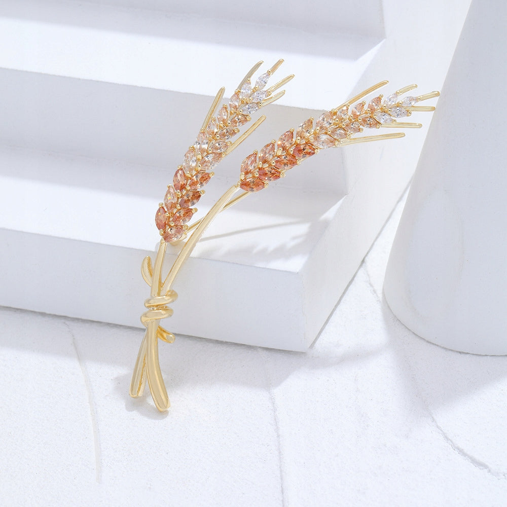 Șuvițe de grâu - broșă placată cu aur de 14K cu zirconiu cubic