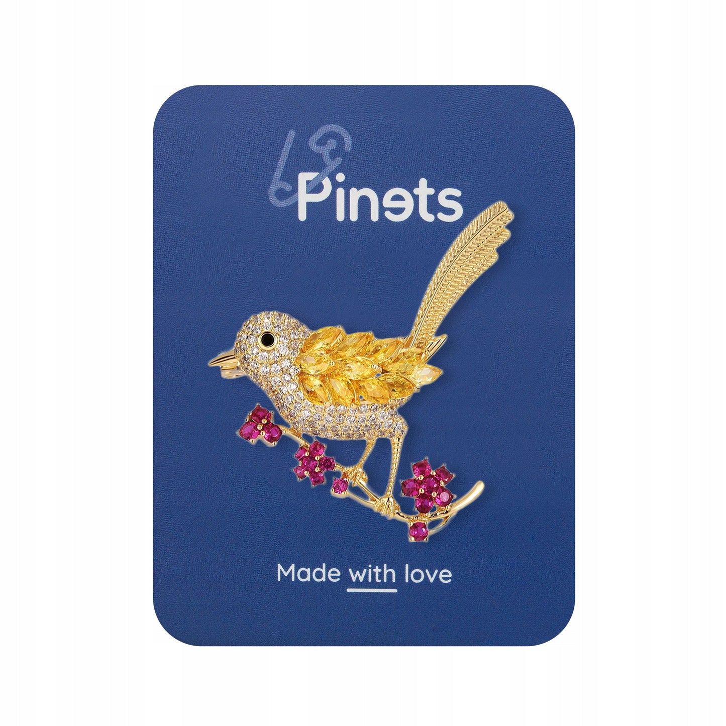 Pasăre pe o creangă cu flori - broșă placată cu aur de 14K