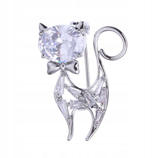Pisicuță argintie cu fundă - broșă cu zirconiu cubic