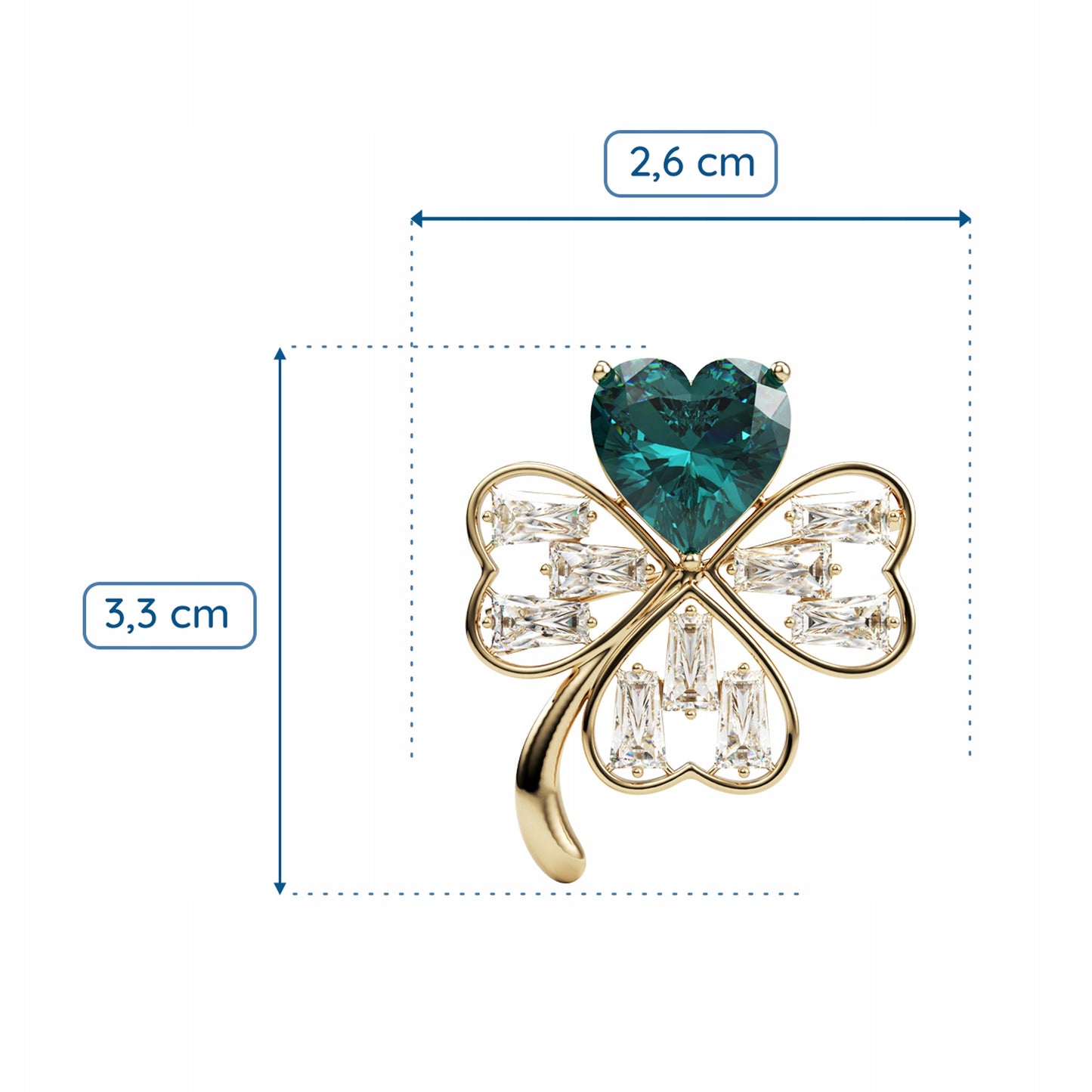 Trifoi auriu cu inimă verde - broșă cu zirconiu cubic
