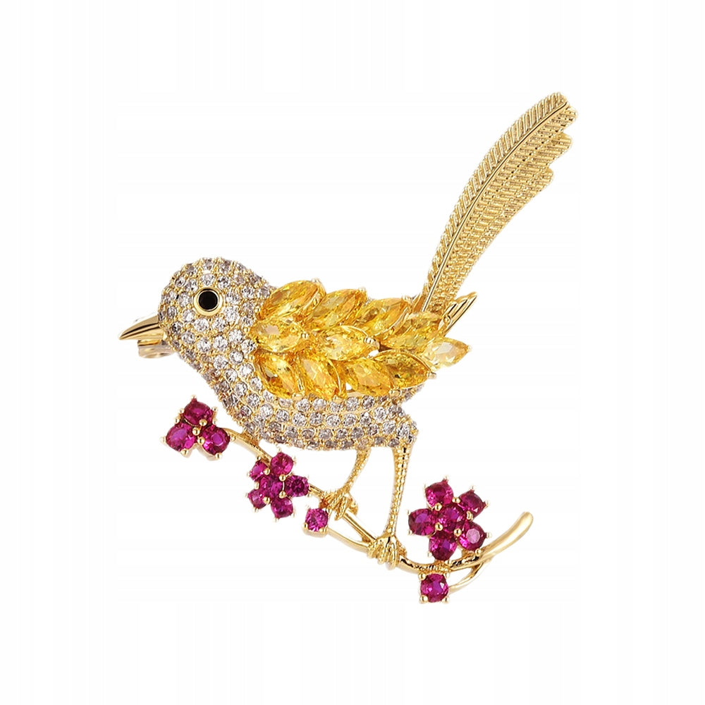 Pasăre pe o creangă cu flori - broșă placată cu aur de 14K