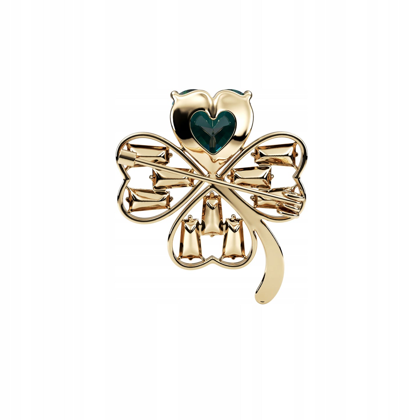 Trifoi auriu cu inimă verde - broșă cu zirconiu cubic