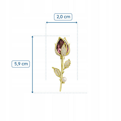 Broșă placată cu aur de 14K - Trandafir cu zirconii și o perlă