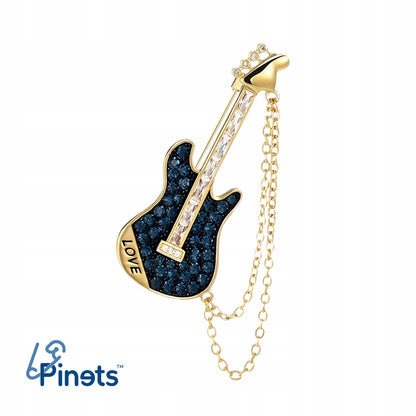 Chitară cu lanț și inscripția LOVE - broșă placată cu aur de 14K