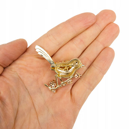 Pasăre pe o creangă cu flori - broșă placată cu aur de 14K