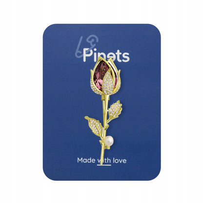 Broșă placată cu aur de 14K - Trandafir cu zirconii și o perlă