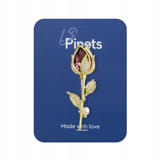 Broșă placată cu aur de 14K - Trandafir cu zirconii și o perlă