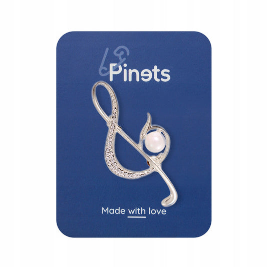 Cheie de sol - broșă din argint cu zirconii și o perlă