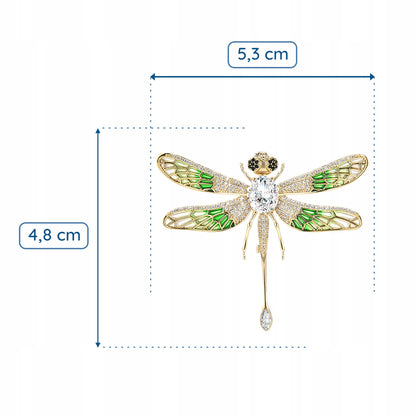 Libelulă verde cu zirconiu cubic - broșă placată cu aur de 14K