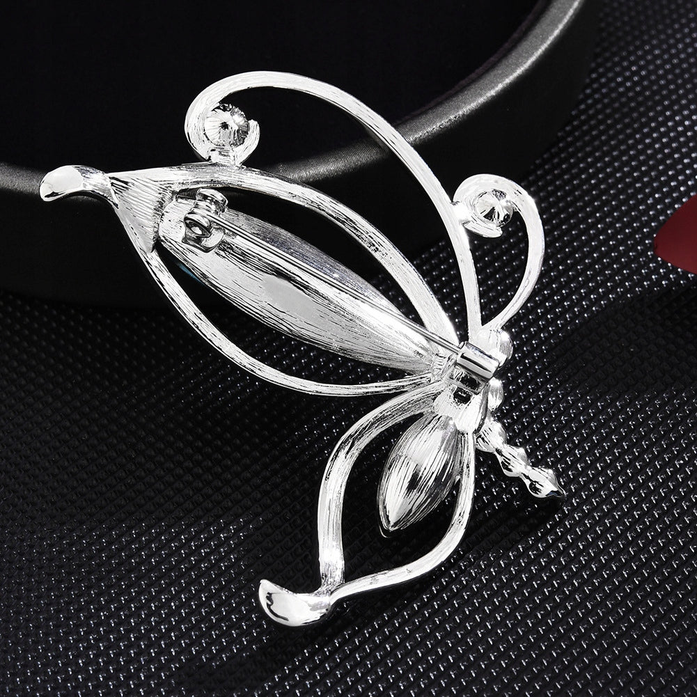 Fluture din argint cu zirconii cubice, broșă placată cu aur alb de 14k