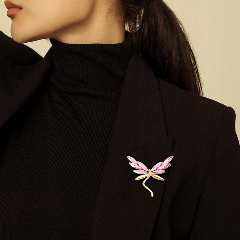 Libelulă aurie cu aripi roz - broșă