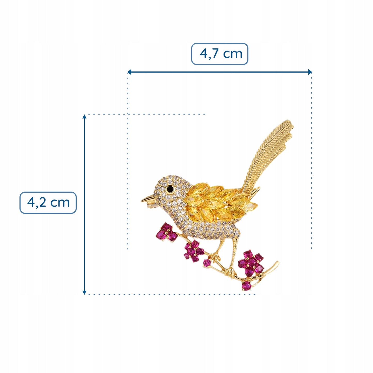 Pasăre pe o creangă cu flori - broșă placată cu aur de 14K