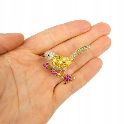 Pasăre pe o creangă cu flori - broșă placată cu aur de 14K