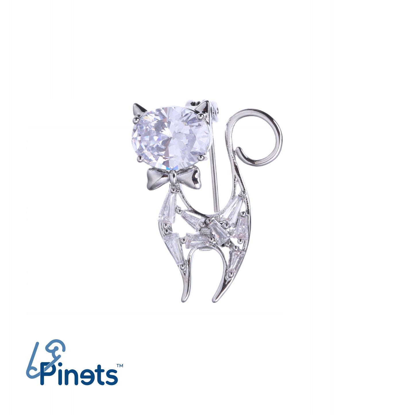 Pisicuță argintie cu fundă - broșă cu zirconiu cubic