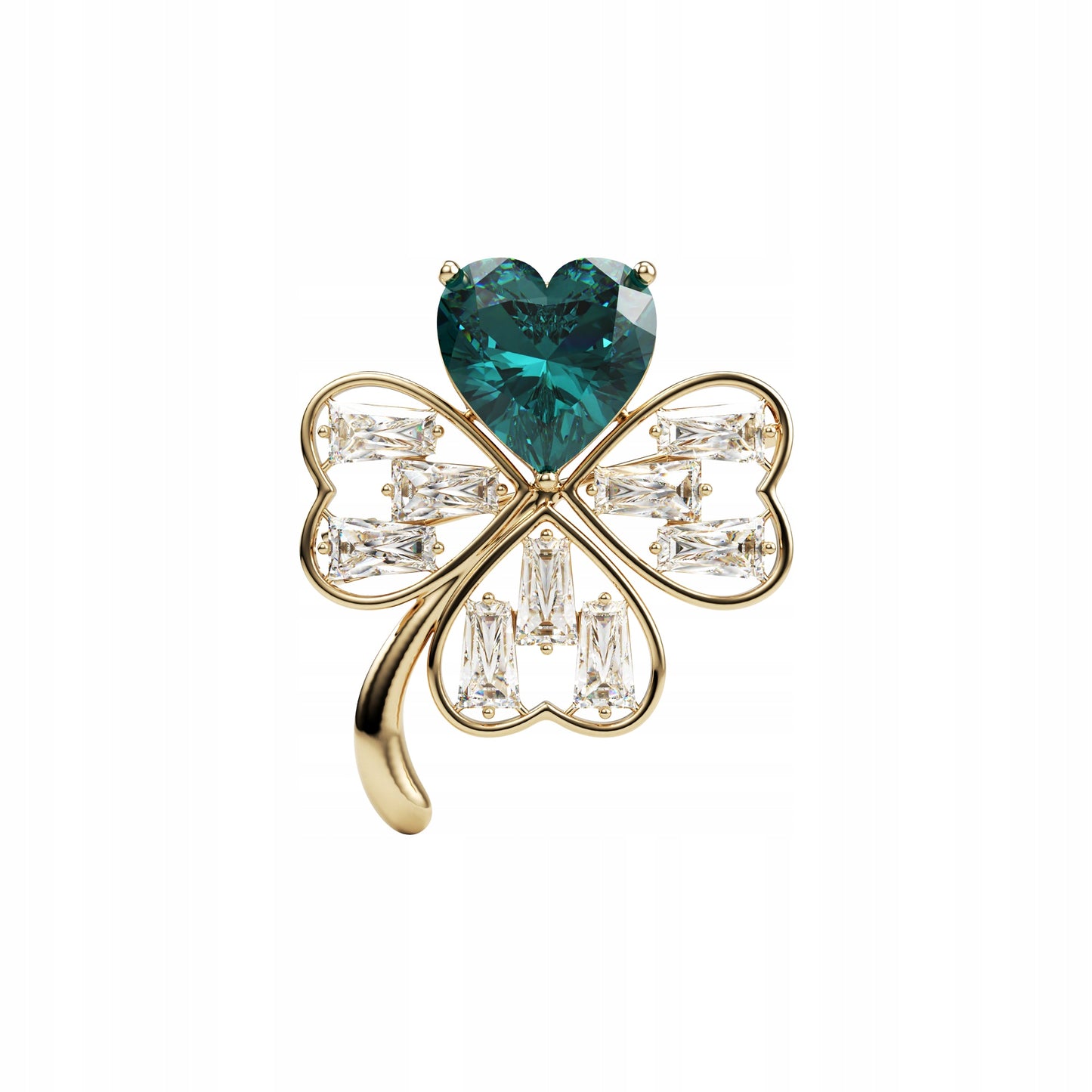 Trifoi auriu cu inimă verde - broșă cu zirconiu cubic