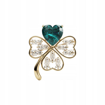Trifoi auriu cu inimă verde - broșă cu zirconiu cubic