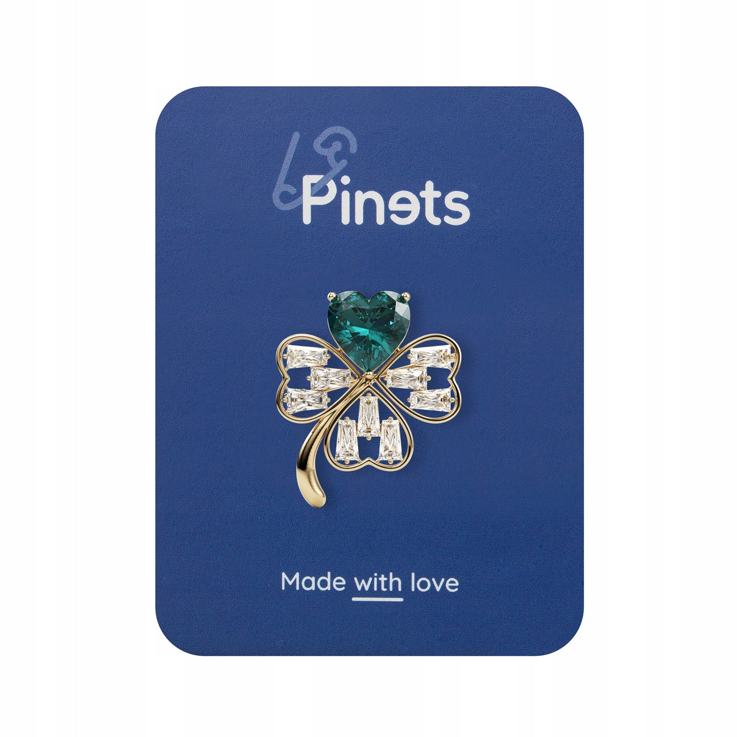 Trifoi auriu cu inimă verde - broșă cu zirconiu cubic