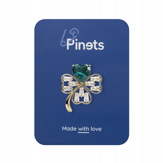 Trifoi auriu cu inimă verde - broșă cu zirconiu cubic