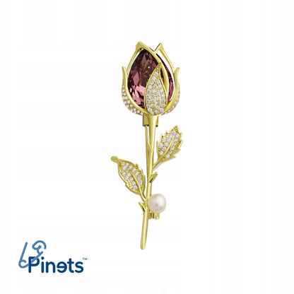 Broșă placată cu aur de 14K - Trandafir cu zirconii și o perlă