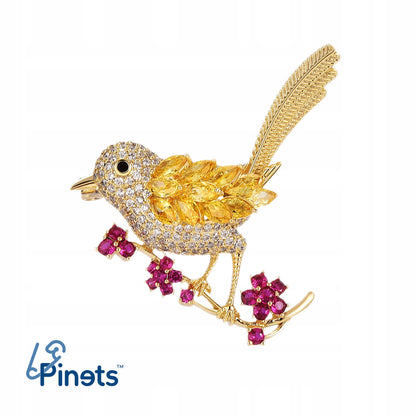 Pasăre pe o creangă cu flori - broșă placată cu aur de 14K