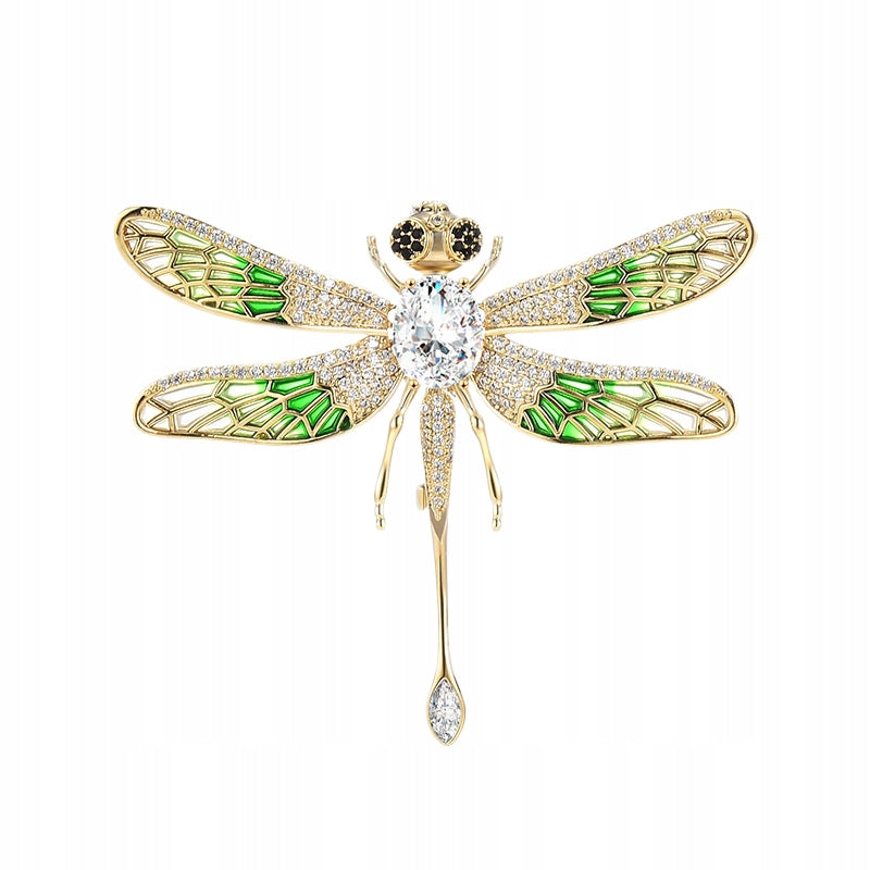 Libelulă verde cu zirconiu cubic - broșă placată cu aur de 14K