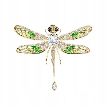 Libelulă verde cu zirconiu cubic - broșă placată cu aur de 14K