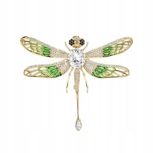 Libelulă verde cu zirconiu cubic - broșă placată cu aur de 14K